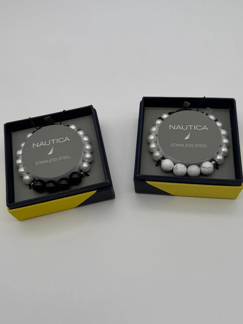 Nautica Silver and Black Beaded Stainless Steel Bracelets